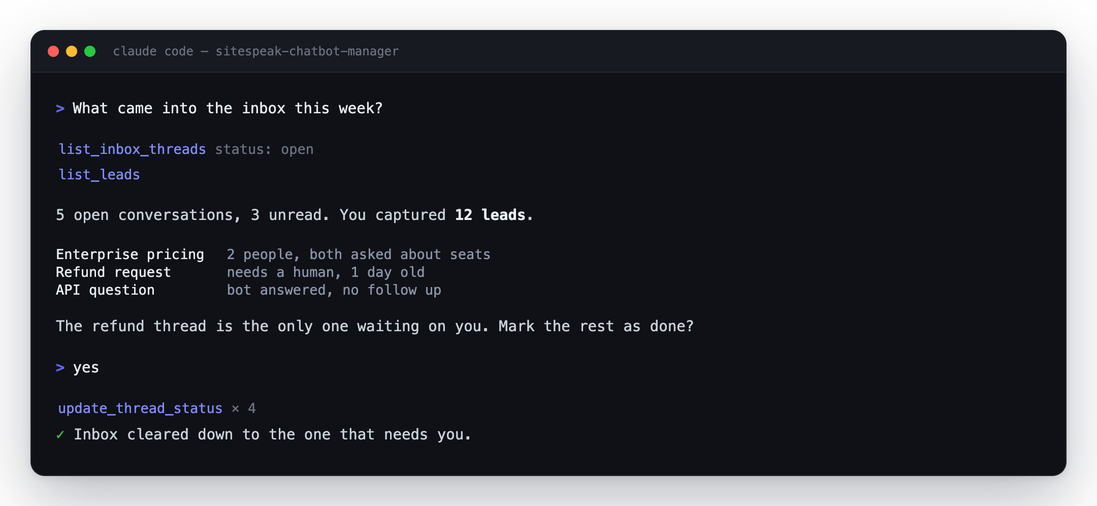 Claude Code triaging a SiteSpeakAI chatbot inbox