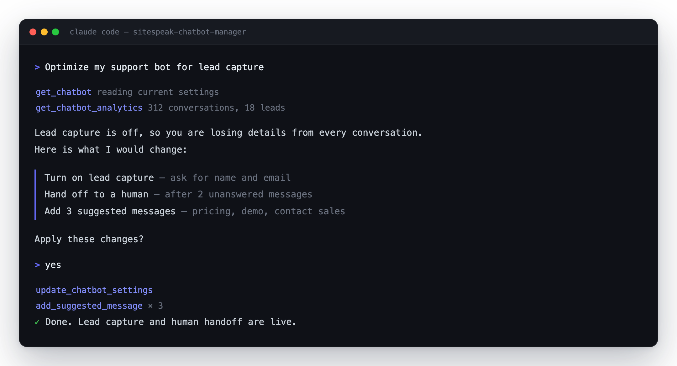 Claude Code optimizing a SiteSpeakAI chatbot for lead capture